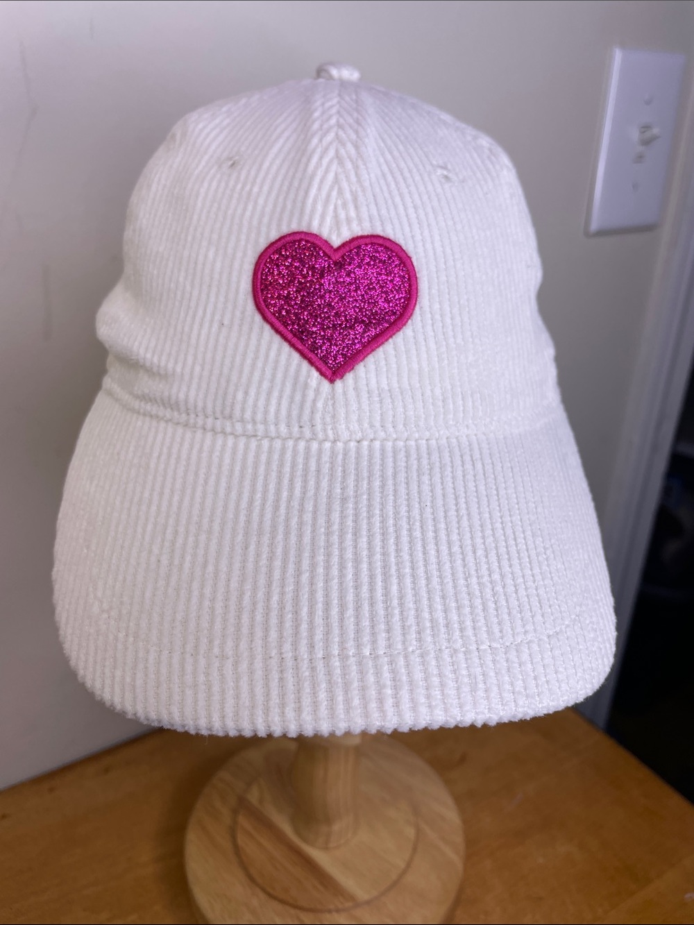 Celebrate! White Corduroy Cap with Pink Glitter Heart Patch